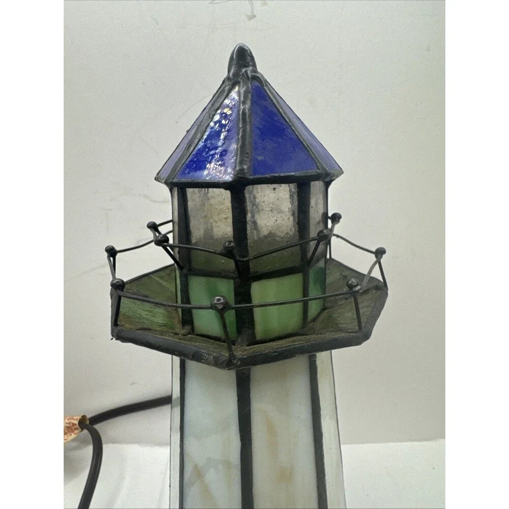 Tiffany Style Stained Slag Glass Lighthouse Accent Lamp Beach Shore WORKS